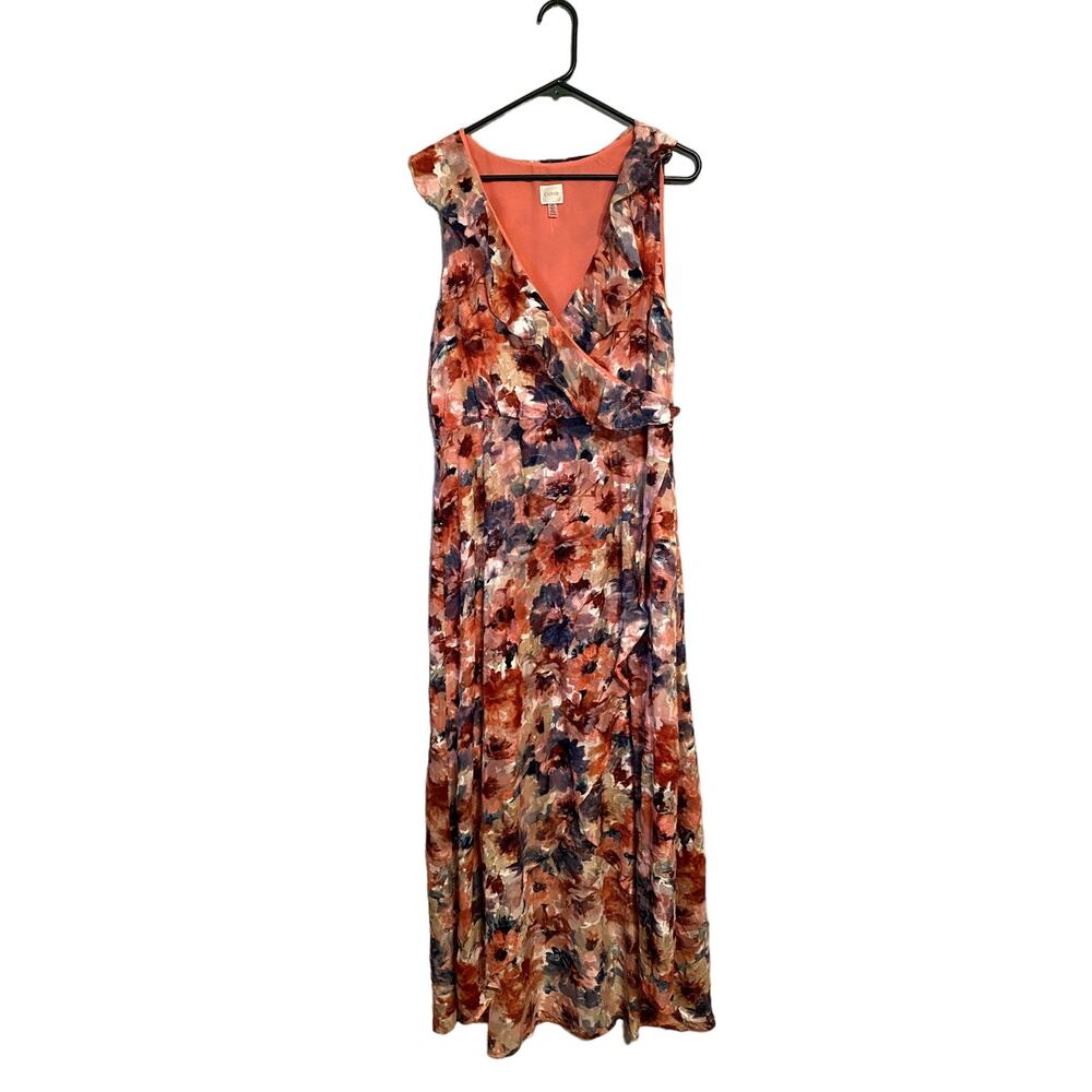 Cupio Womens Large Floral Faux Wrap Dress Coral Ruffle Wedding Vacation